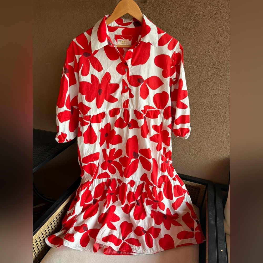 Maeve Anthropologie Bettina Midi Dress Tiered Buttondown Red Flowers SP - Picture 5 of 14